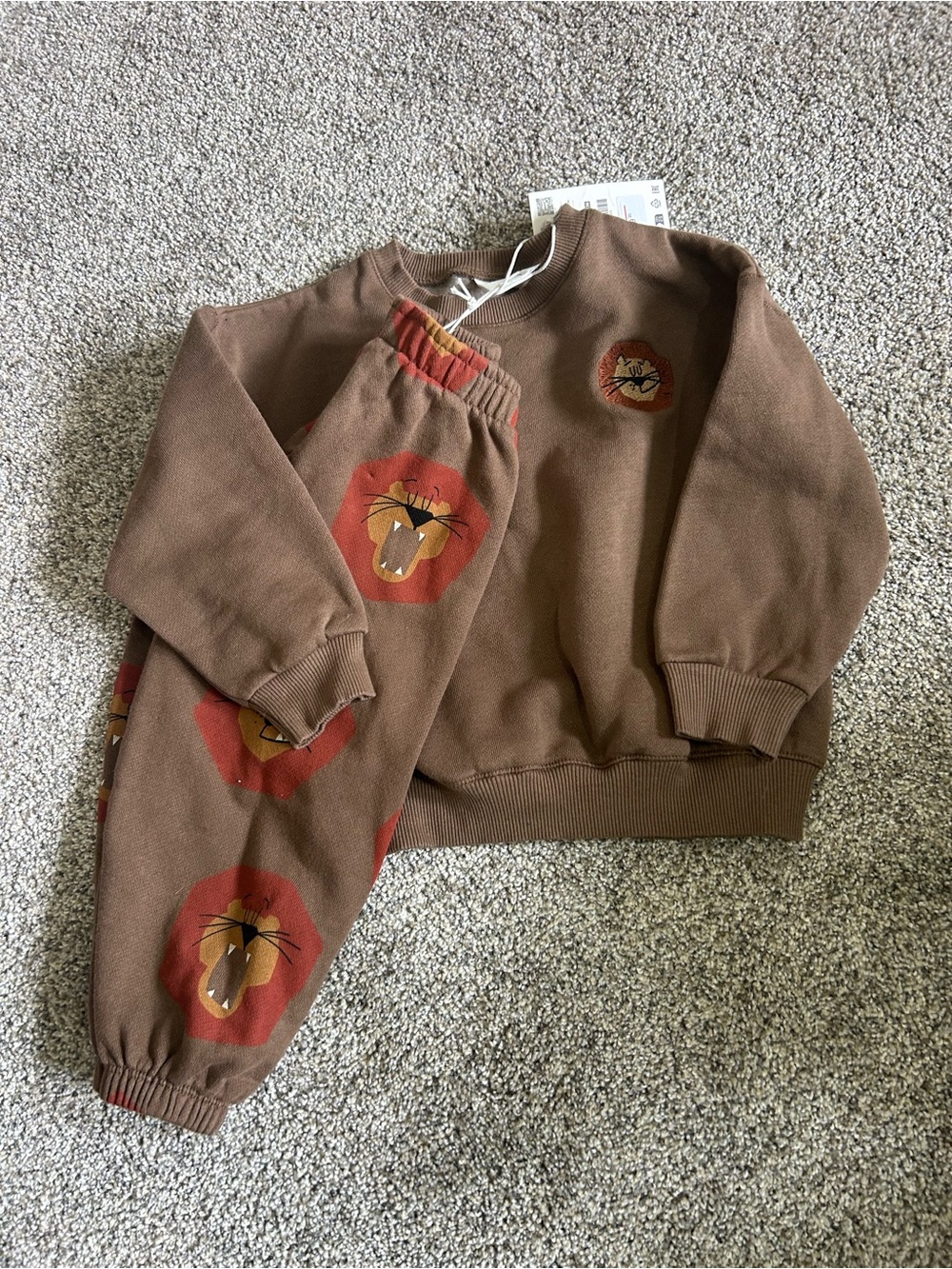 Zara Brown Sweatshirt & Joggers Set with Red-Orange Lion Prints